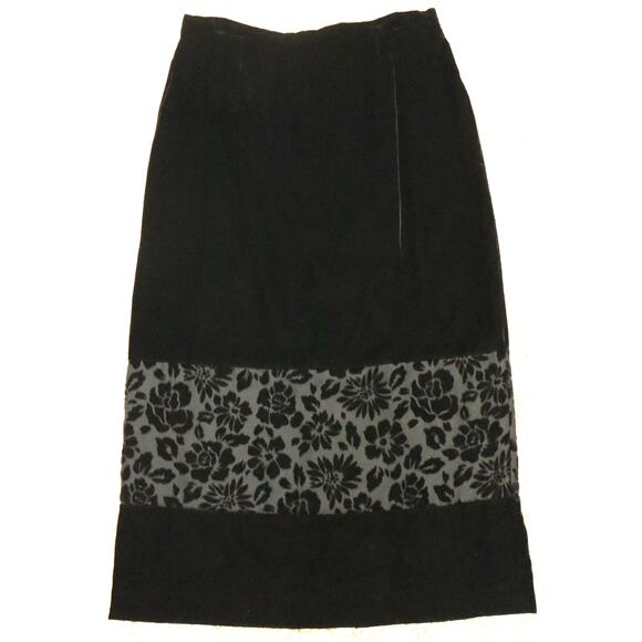 Vintage 90s Susan Bristol Black Burnout Velvet Midi Maxi Skirt Roses Plus 16 - Picture 1 of 8